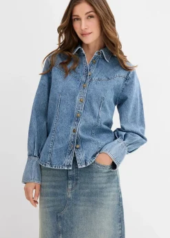 bonprix Bekleidung·Jacken & Mäntel|Blusen & Tuniken^Jeansbluse aus reiner Baumwolle blau denim used