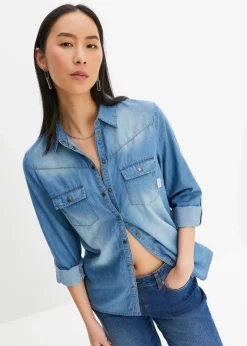 bonprix Bekleidung·Jacken & Mäntel|Blusen & Tuniken^Jeansbluse mit Druckknöpfen, Langarm mittelblau