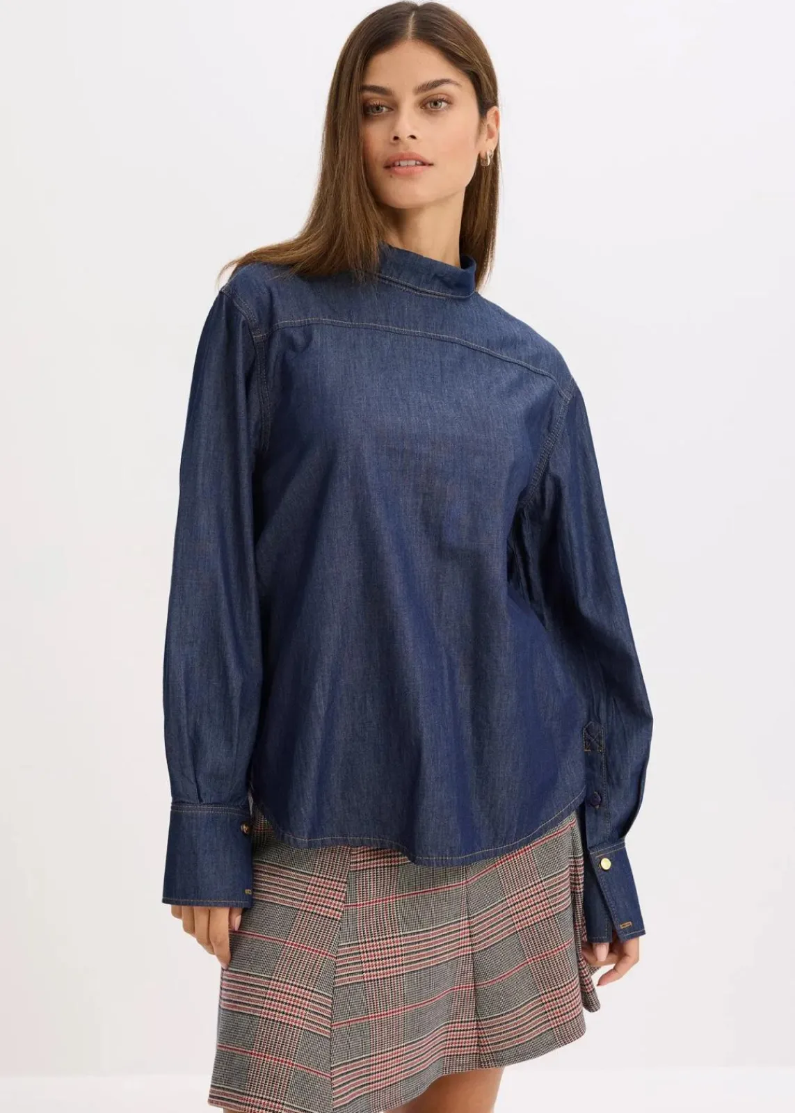 bonprix Bekleidung·Jacken & Mäntel|Blusen & Tuniken^Jeansbluse mit hohen Manschetten tiefblau denim ungewaschen