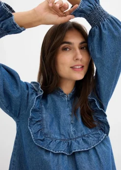 bonprix Bekleidung·Jacken & Mäntel|Blusen & Tuniken^Jeansbluse mit Rüschen blau denim used