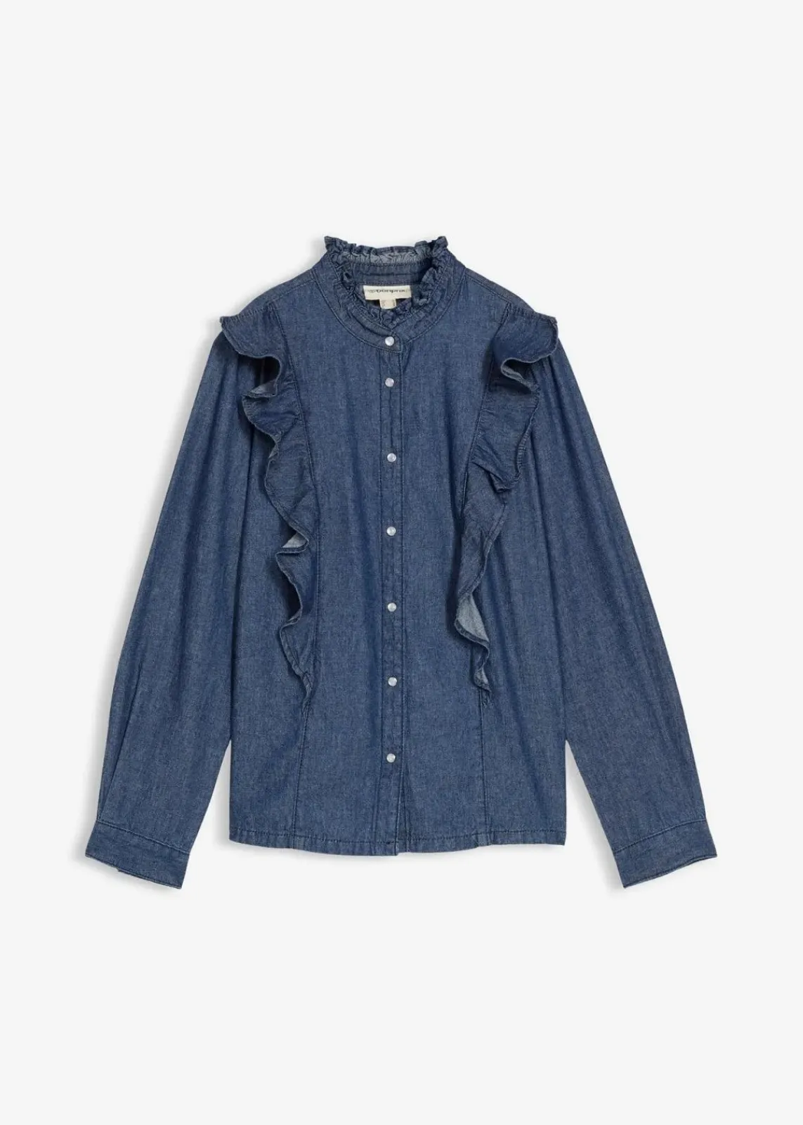 bonprix Bekleidung·Jacken & Mäntel|Blusen & Tuniken^Jeansbluse mit Volants, aus reiner Baumwolle dunkelblau denim