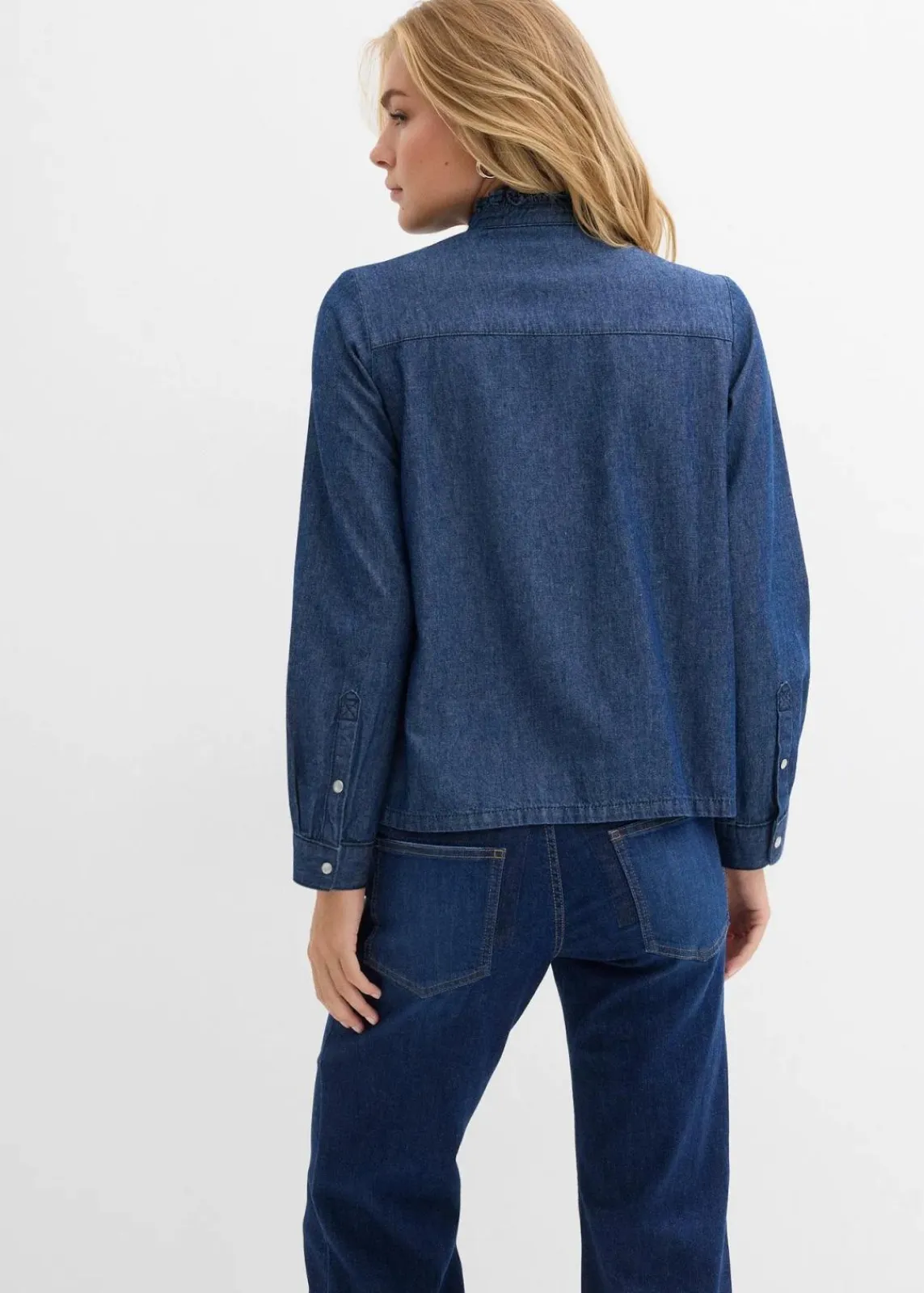 bonprix Bekleidung·Jacken & Mäntel|Blusen & Tuniken^Jeansbluse mit Volants, aus reiner Baumwolle dunkelblau denim