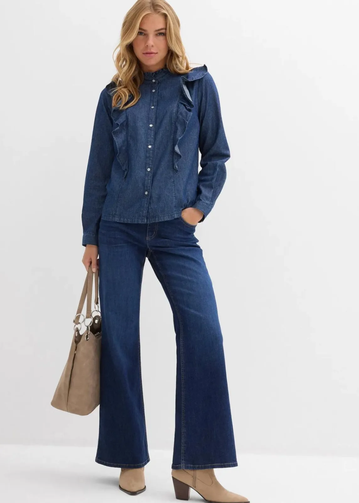 bonprix Bekleidung·Jacken & Mäntel|Blusen & Tuniken^Jeansbluse mit Volants, aus reiner Baumwolle dunkelblau denim