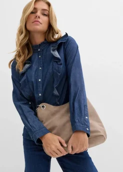 bonprix Bekleidung·Jacken & Mäntel|Blusen & Tuniken^Jeansbluse mit Volants, aus reiner Baumwolle dunkelblau denim