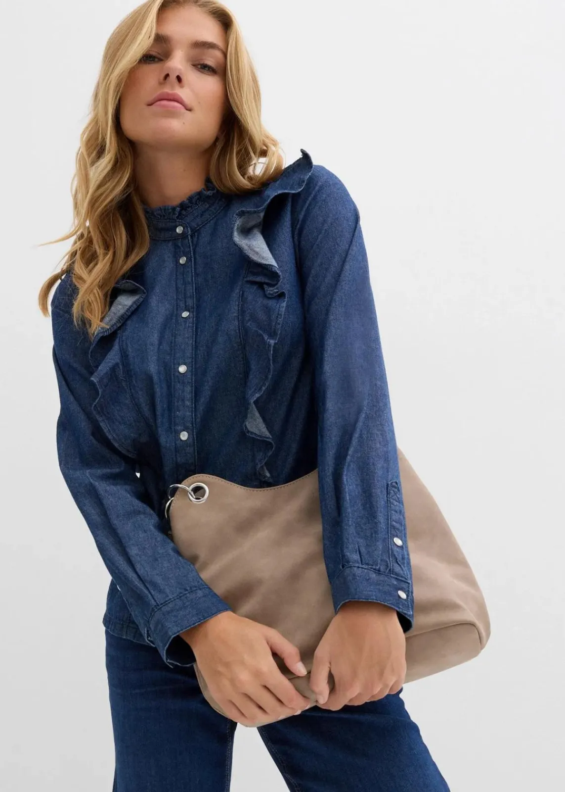 bonprix Bekleidung·Jacken & Mäntel|Blusen & Tuniken^Jeansbluse mit Volants, aus reiner Baumwolle dunkelblau denim
