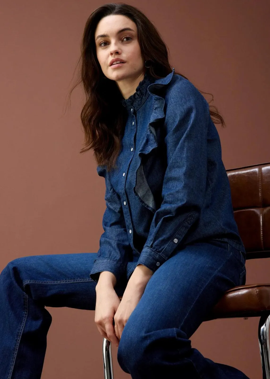 bonprix Bekleidung·Jacken & Mäntel|Blusen & Tuniken^Jeansbluse mit Volants, aus reiner Baumwolle dunkelblau denim