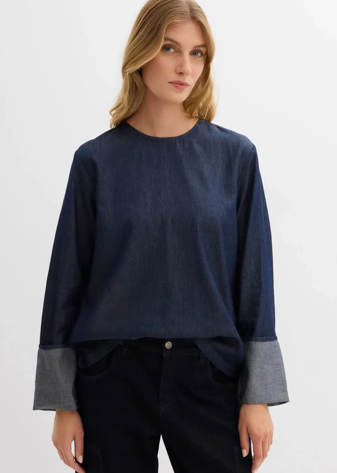 bonprix Bekleidung·Jacken & Mäntel|Blusen & Tuniken^Jeansbluse mit weitem Arm tiefblau denim ungewaschen