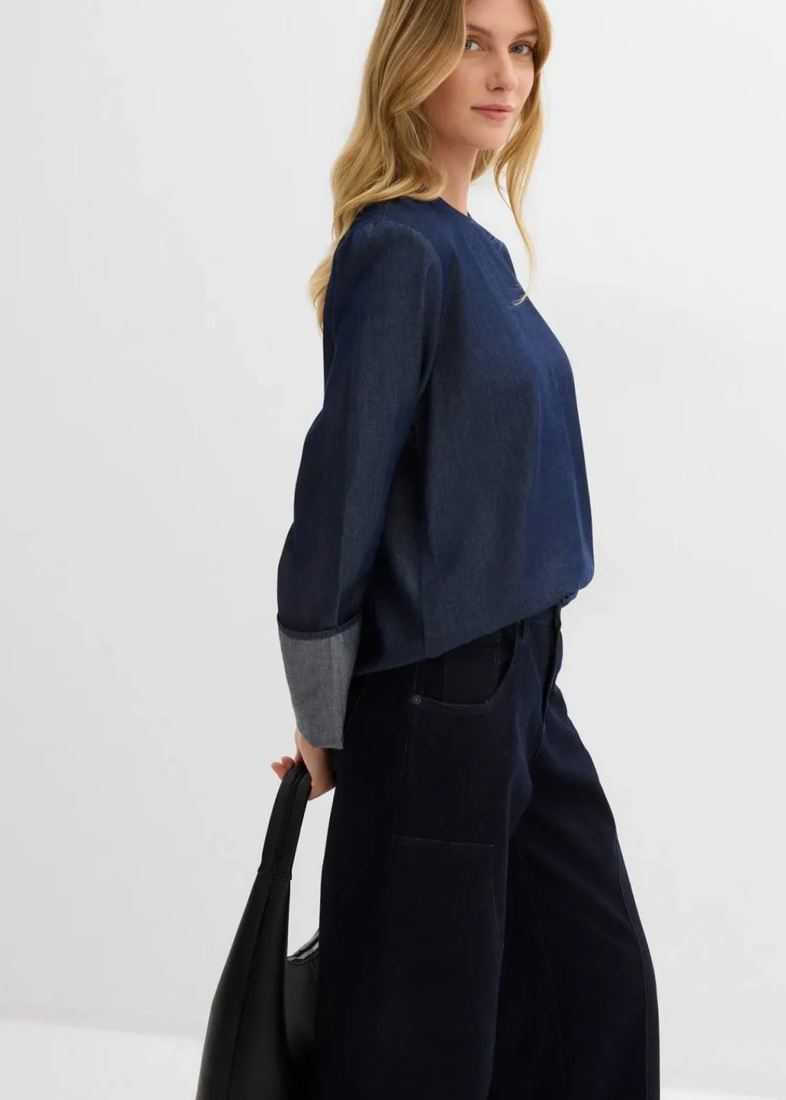 bonprix Bekleidung·Jacken & Mäntel|Blusen & Tuniken^Jeansbluse mit weitem Arm tiefblau denim ungewaschen