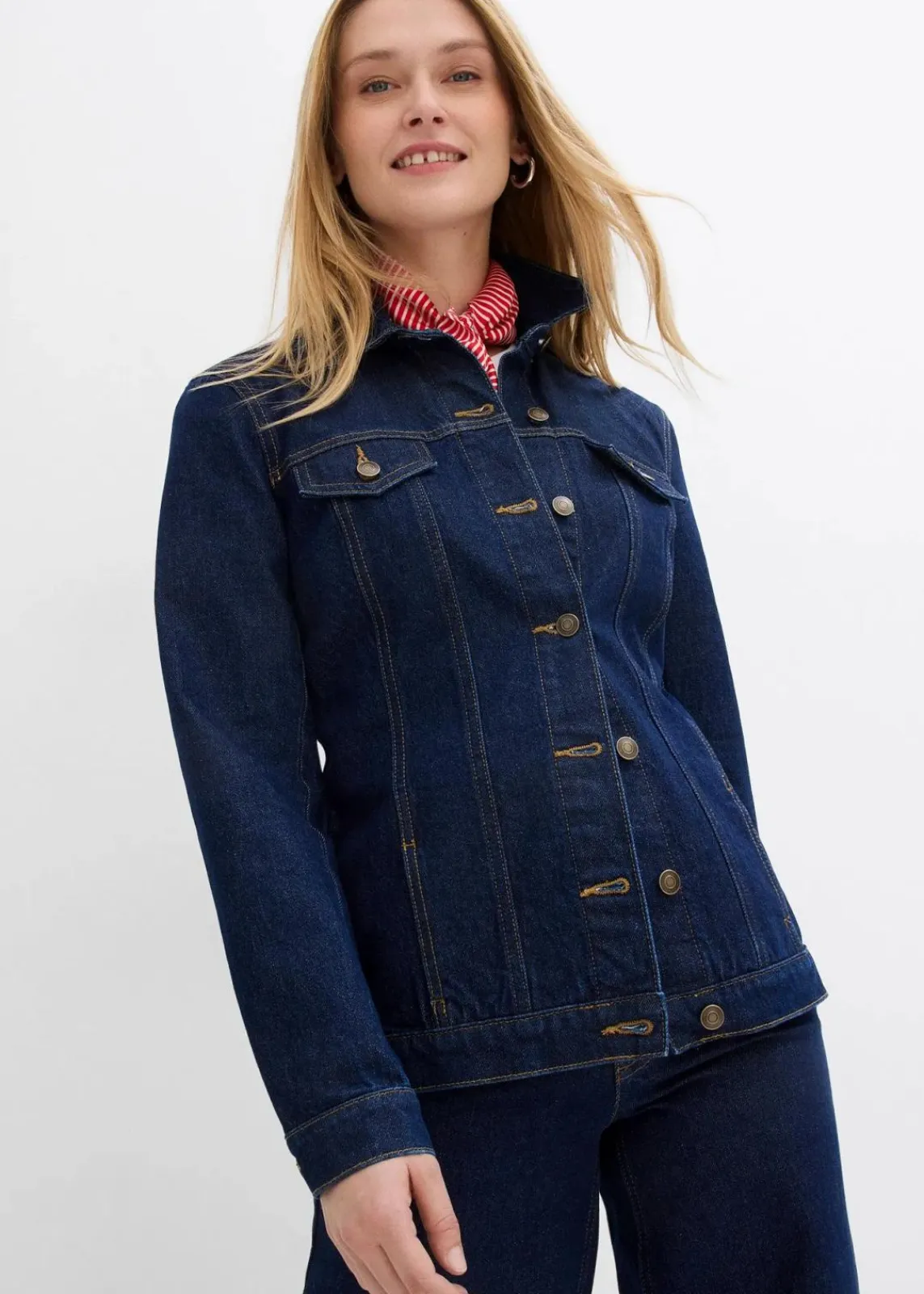 bonprix Bekleidung·Hosen|Jacken & Mäntel^Jeansjacke, tailliert, mit Baumwolle tiefblau denim ungewaschen