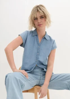 bonprix Blusen & Tuniken^Jeans-Kurzarmbluse mit Leinen hellblau denim