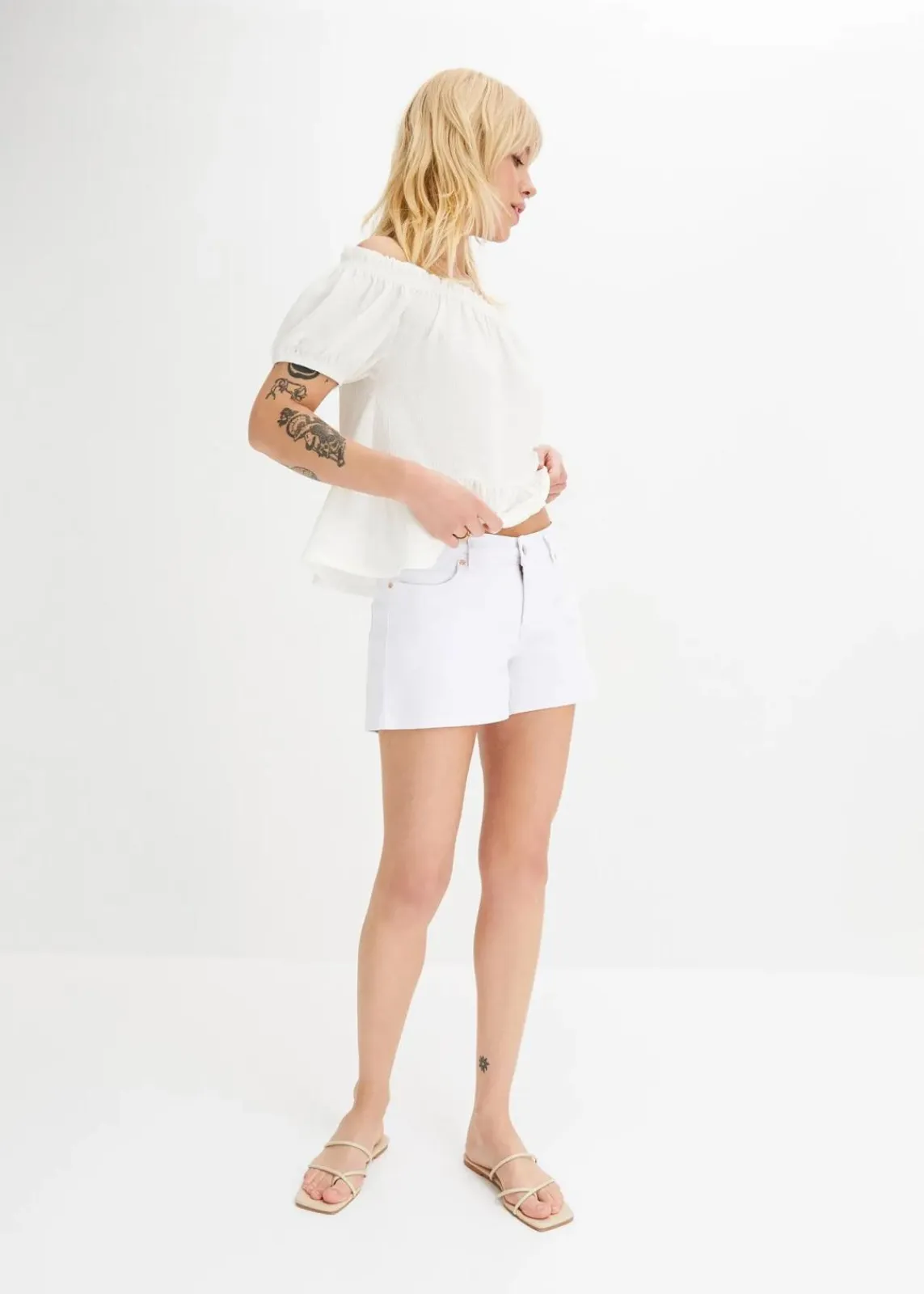 bonprix Jeans|Shorts^Jeansshorts, Mid Waist weiß twill used