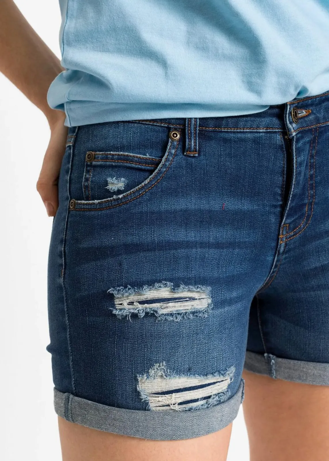 bonprix Shorts|Jeans^Jeansshorts Mid Waist mit Destroy- Effekten blau denim