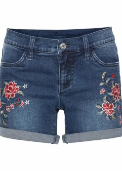 bonprix Bekleidung·Outdoorbekleidung|Bekleidung·Shirts & Tops^Jeans-Shorts Mid Waist, Stickerei blau geblümt