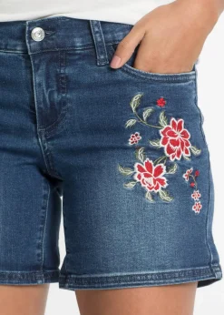 bonprix Bekleidung·Outdoorbekleidung|Bekleidung·Shirts & Tops^Jeans-Shorts Mid Waist, Stickerei blau geblümt