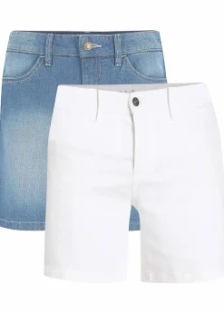 bonprix Jeans|Shorts^Jeansshorts Slim Fit Mid Waist, 2er Pack eisblau denim + weiß twill