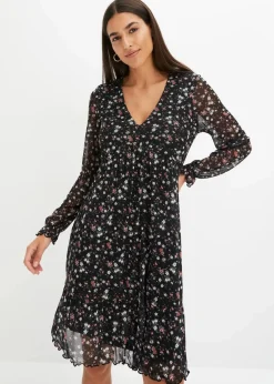 bonprix Bekleidung·Pullover & Strickjacken|Kleider^Jersey Kleid aus Mesh schwarz geblümt