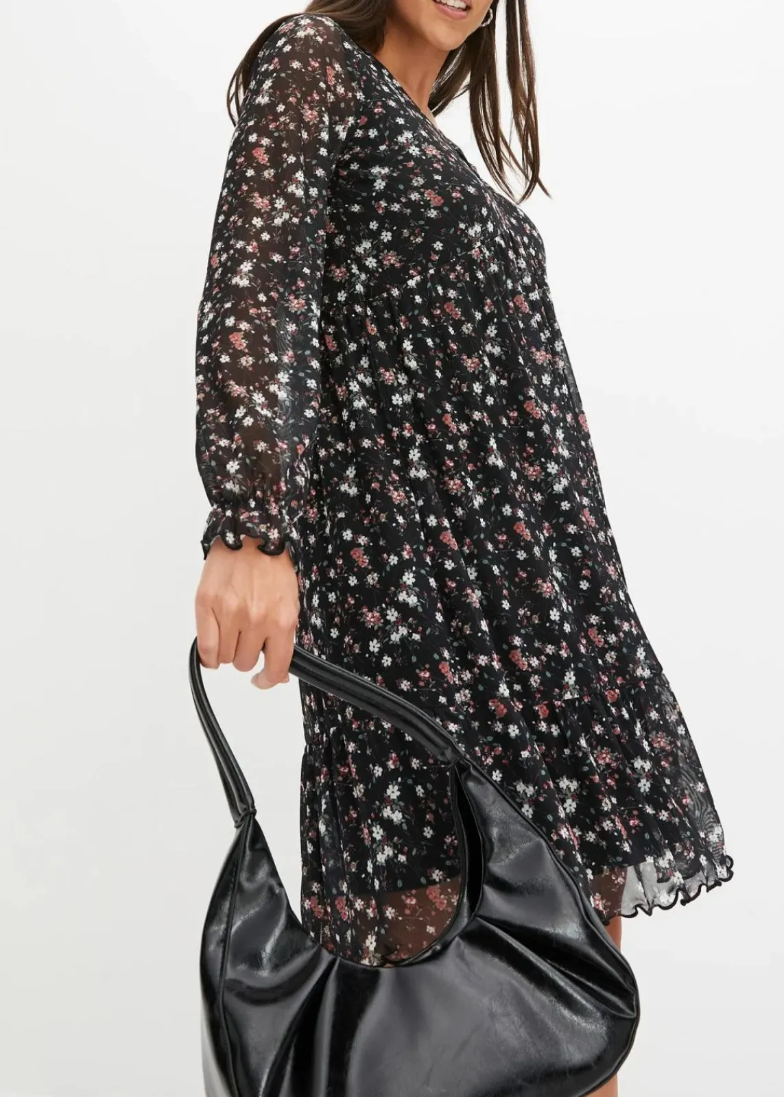bonprix Bekleidung·Pullover & Strickjacken|Kleider^Jersey Kleid aus Mesh schwarz geblümt
