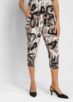 bonprix Bekleidung·Kleider|Hosen^Jersey-Hose taupe / schwarz / weiß bedruckt