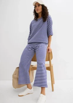 bonprix Hosen|Bekleidung·Kleider^Jersey-Hose aus strukturierter Baumwolle dunkelpazifik/wollweiß gestreift
