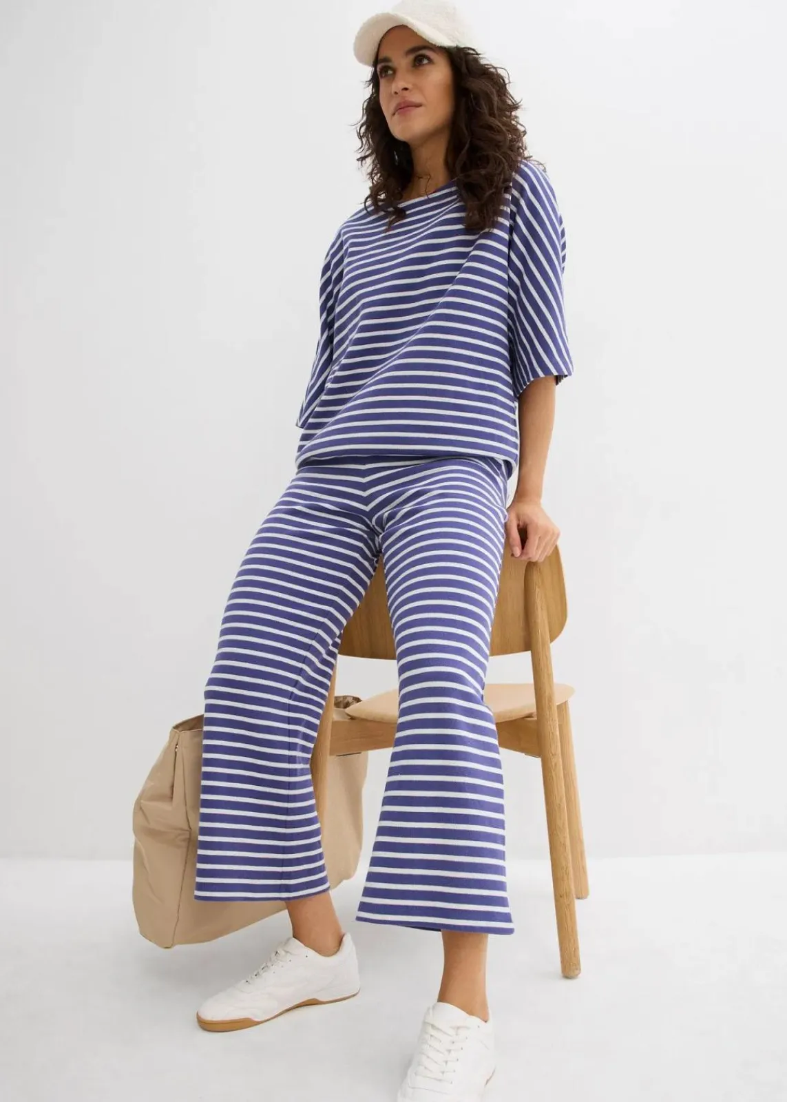 bonprix Hosen|Bekleidung·Kleider^Jersey-Hose aus strukturierter Baumwolle dunkelpazifik/wollweiß gestreift