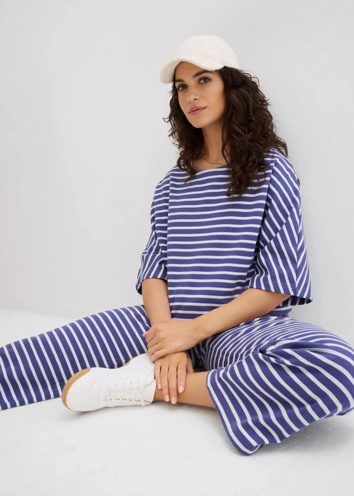bonprix Hosen|Bekleidung·Kleider^Jersey-Hose aus strukturierter Baumwolle dunkelpazifik/wollweiß gestreift