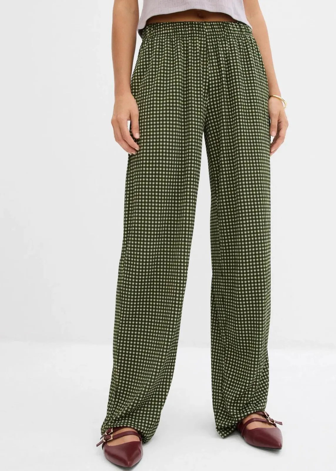 bonprix Bekleidung·Kleider|Hosen^Jersey-Hose aus strukturiertem Crêpe seegras kariert