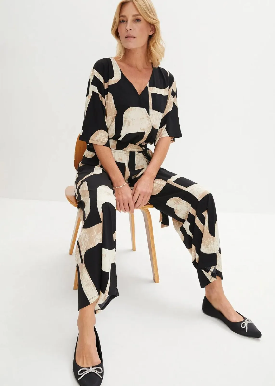 bonprix Jumpsuits^Jersey-Jumpsuit schwarz/kieselbeige/khakibeige bedruckt
