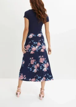 bonprix Kleider|Kurzgrößen^Jerseykleid blau geblümt