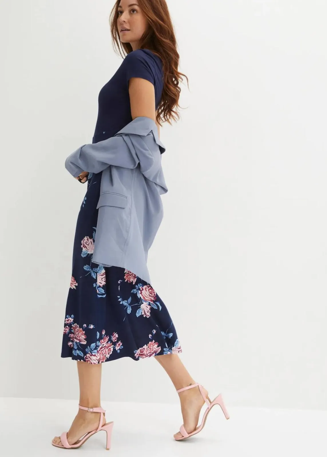 bonprix Kleider|Kurzgrößen^Jerseykleid blau geblümt