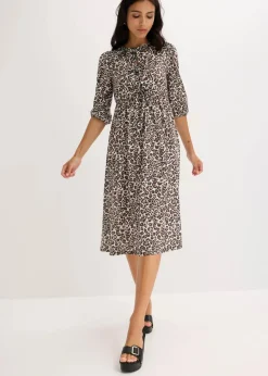 bonprix Bekleidung·Pullover & Strickjacken|Kleider^Jerseykleid beige leo bedruckt