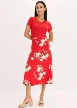 bonprix Kleider|Kurzgrößen^Jerseykleid rot geblümt