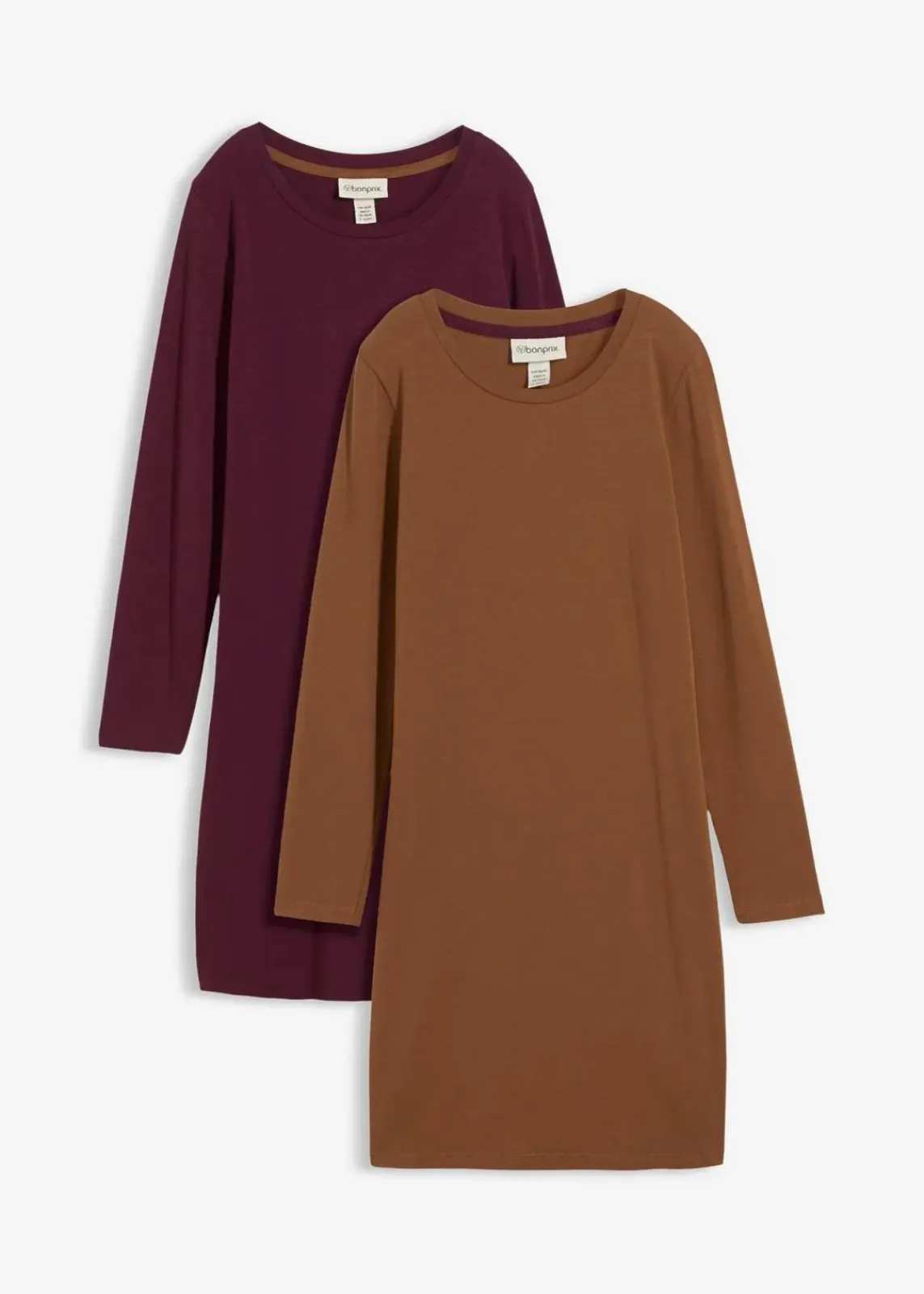 bonprix Kleider|Basics^Jerseykleid aus Baumwolle mit Stretch (2er Pack) pimentbraun/weinrot