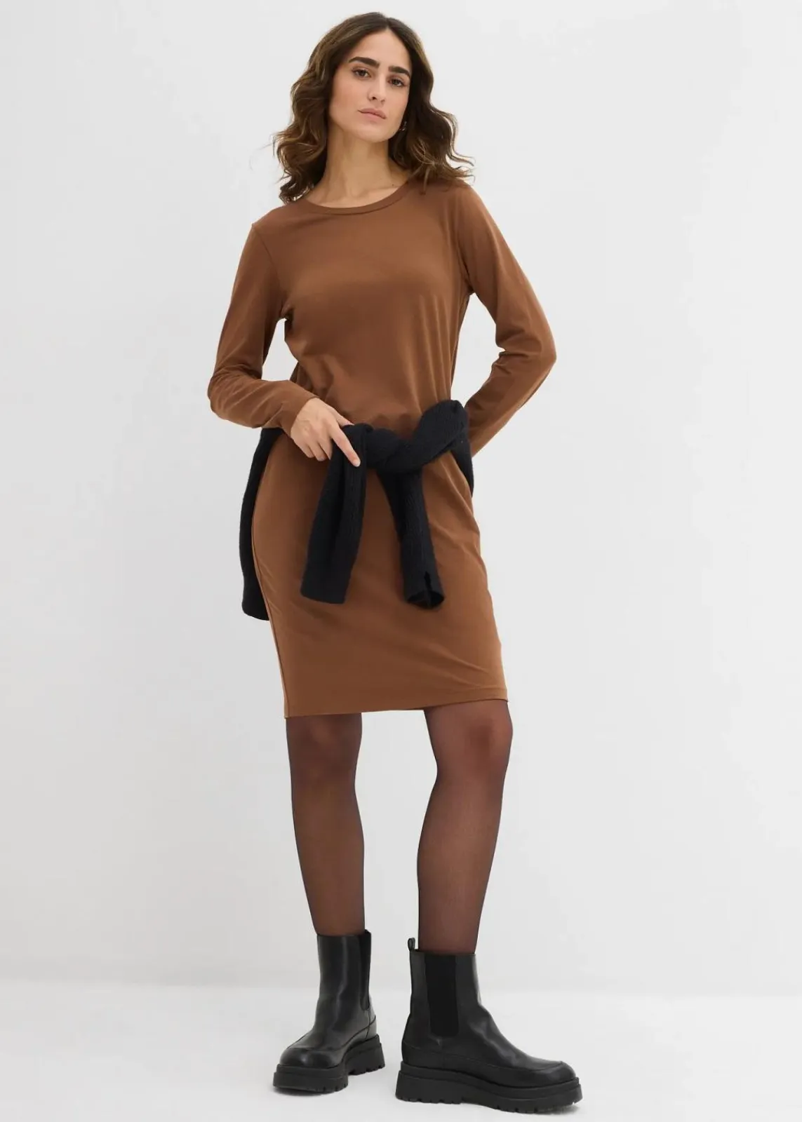 bonprix Kleider|Basics^Jerseykleid aus Baumwolle mit Stretch (2er Pack) pimentbraun/weinrot