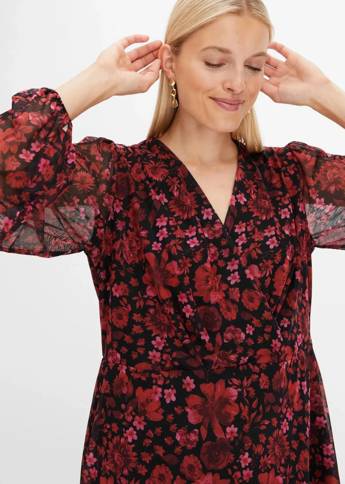 bonprix Nachhaltigere Materialien|Kleider^Jersey-Kleid aus Mesh dunkelrot geblümt