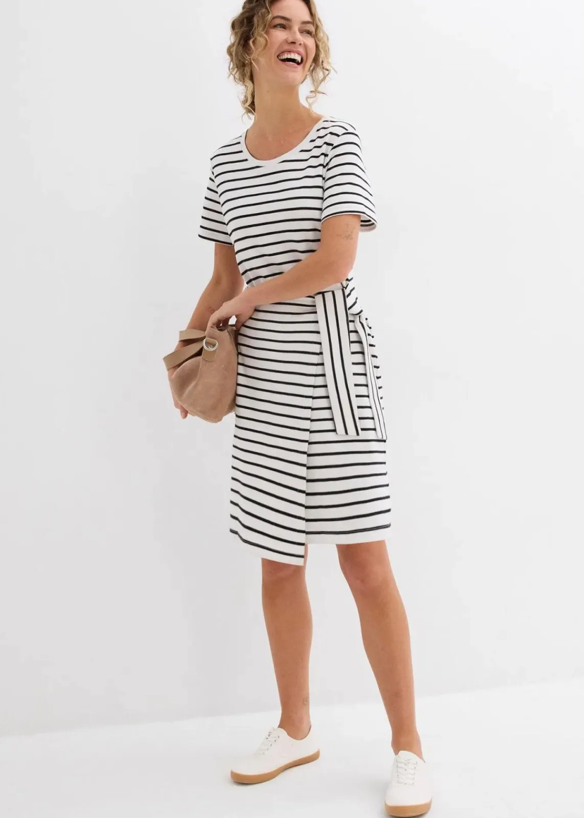 bonprix Nachhaltigere Materialien|Kleider^Jerseykleid aus reiner Baumwolle wollweiß/schwarz gestreift