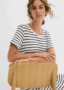 bonprix Nachhaltigere Materialien|Kleider^Jerseykleid aus reiner Baumwolle wollweiß/schwarz gestreift