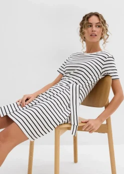bonprix Nachhaltigere Materialien|Kleider^Jerseykleid aus reiner Baumwolle wollweiß/schwarz gestreift