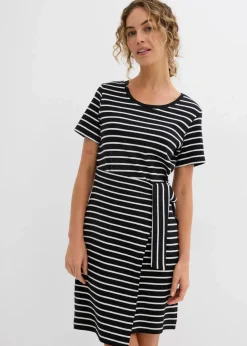bonprix Bekleidung·Pullover & Strickjacken|Kleider^Jerseykleid aus reiner Baumwolle schwarz/wollweiß gestreift
