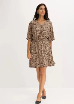 bonprix Bekleidung·Pullover & Strickjacken|Nachhaltigere Materialien^Jerseykleid aus Viskose-Mix beige leo bedruckt
