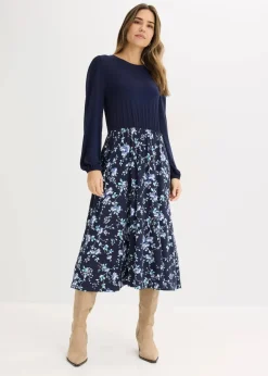 bonprix Bekleidung·Pullover & Strickjacken|Kleider^Jerseykleid aus Viskose-Mix dunkelblau/hellblau floral
