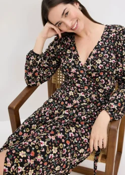 bonprix Bekleidung·Pullover & Strickjacken^Jerseykleid aus Viskose-Mix schwarz geblümt
