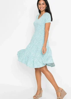 bonprix Bekleidung·Pullover & Strickjacken|Kleider^Jerseykleid aus Viskose-Mix türkisblau geblümt