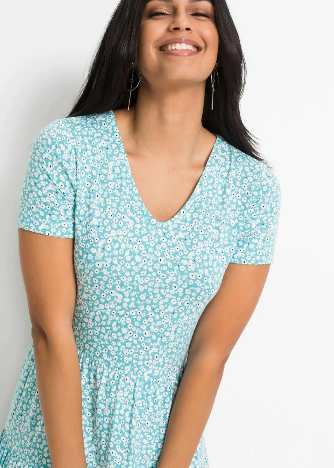 bonprix Bekleidung·Pullover & Strickjacken|Kleider^Jerseykleid aus Viskose-Mix türkisblau geblümt