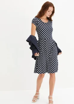 bonprix Kleider|Nachhaltigere Materialien^Jerseykleid aus Viskose-Mix dunkelblau/wollweiß gepunktet