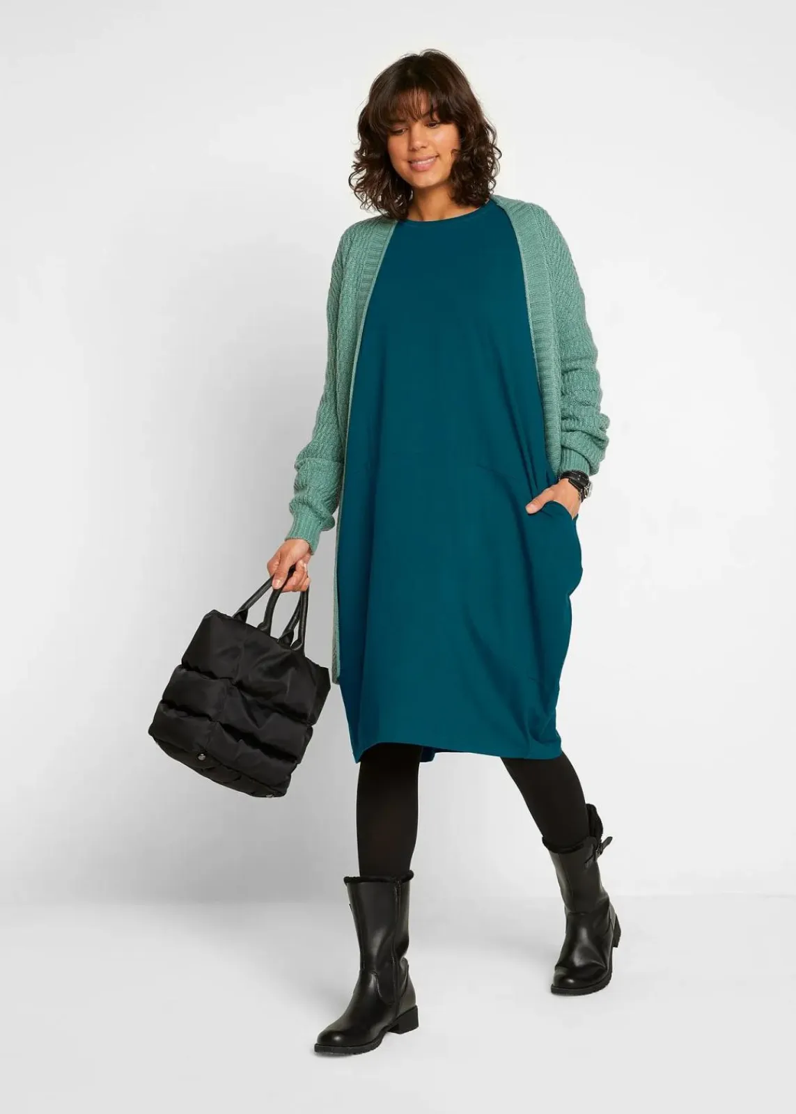 bonprix Bekleidung·Pullover & Strickjacken|Kleider^Jerseykleid in O-Shape blaupetrol