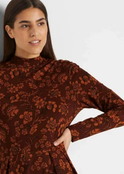 bonprix Bekleidung·Pullover & Strickjacken|Kleider^Jerseykleid mir Druck, langarm kaffeebraun geblümt