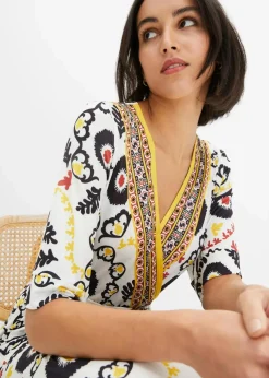 bonprix Bekleidung·Pullover & Strickjacken|Kleider^Jerseykleid mit Bindeband weiß/gelb/braun bedruckt
