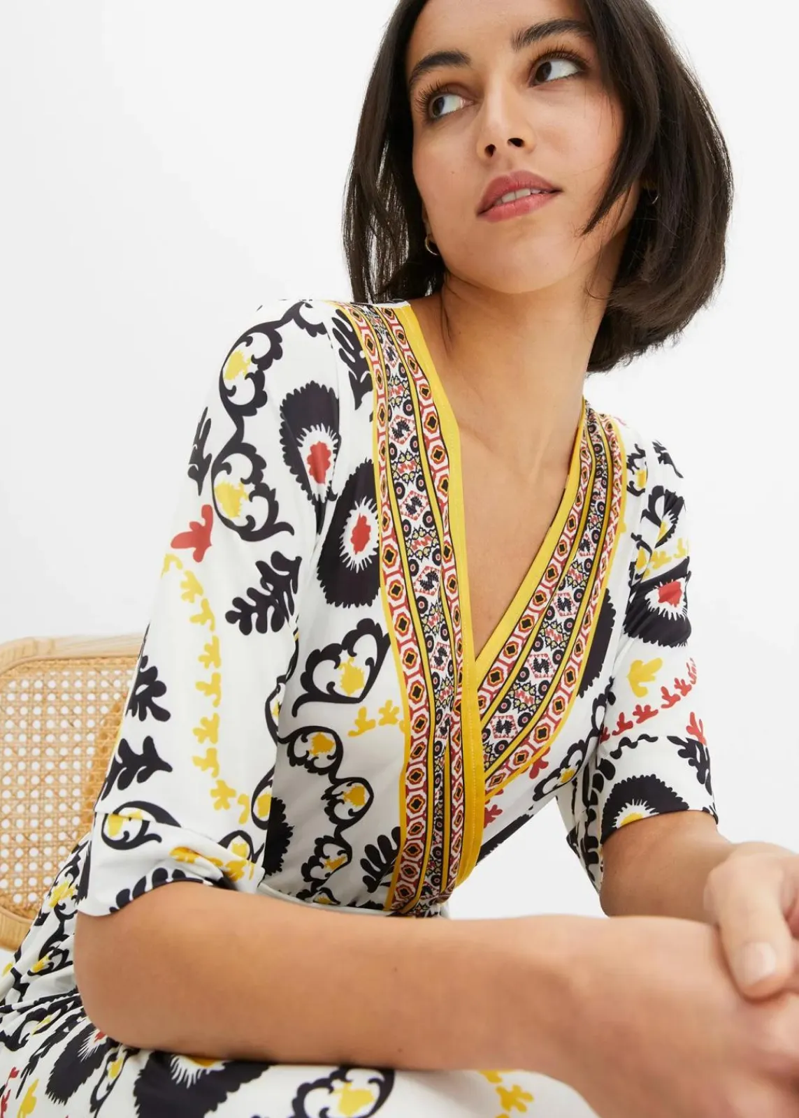 bonprix Bekleidung·Pullover & Strickjacken|Kleider^Jerseykleid mit Bindeband weiß/gelb/braun bedruckt