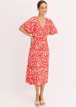 bonprix Kleider^Jerseykleid mit Raffung erdbeere/wollweiß bedruckt