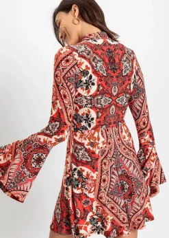 bonprix Bekleidung·Pullover & Strickjacken|Nachhaltigere Materialien^Jerseykleid mit Stehkragen und Volant-Ärmel rot/beige bedruckt